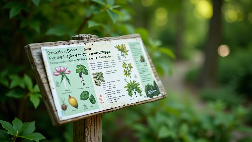 Informacinis ženklas botaniniame takelyje su augalų pavadinimais